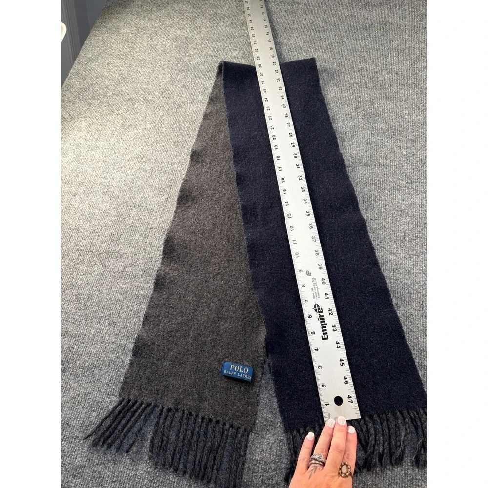 Polo Ralph Lauren Reversible Scarf Navy Blue Charcoal Grey Wool Blend Fringe